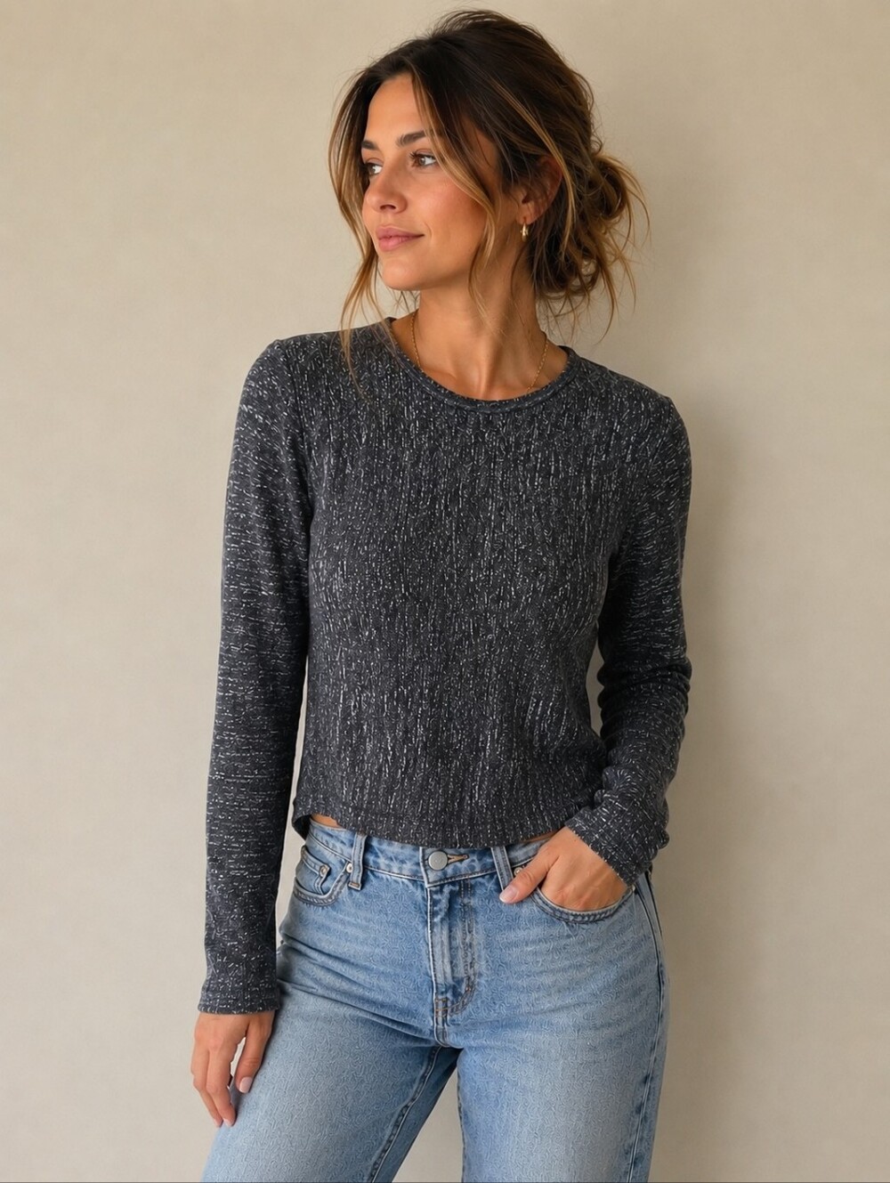 COS | Charcoal Marled Long Sleeve Knit Minimalist Crew Neck,Size S